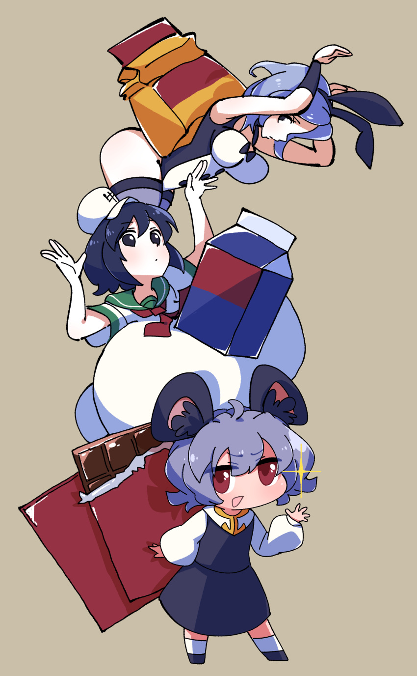 3girls absurdres animal_ears black_eyes black_hair blue_hair blush breasts brown_background candy chocolate chocolate_bar closed_mouth commentary_request cookie_(touhou) fake_animal_ears flat_chest flour flour_(cookie) food full_body gigantic_breasts gram_9 green_sailor_collar grey_hair grey_skirt grey_vest hair_between_eyes highres kumoi_ichirin long_sleeves looking_at_viewer medium_bangs milk_(cookie) milk_carton mouse_ears mouse_girl multiple_girls murasa_minamitsu nazrin neckerchief nyon_(cookie) open_mouth playboy_bunny rabbit_pose red_eyes red_neckerchief sailor_collar shirt short_hair short_sleeves simple_background skirt smile sparkle standing touhou tuxedo_leotard vest white_shirt