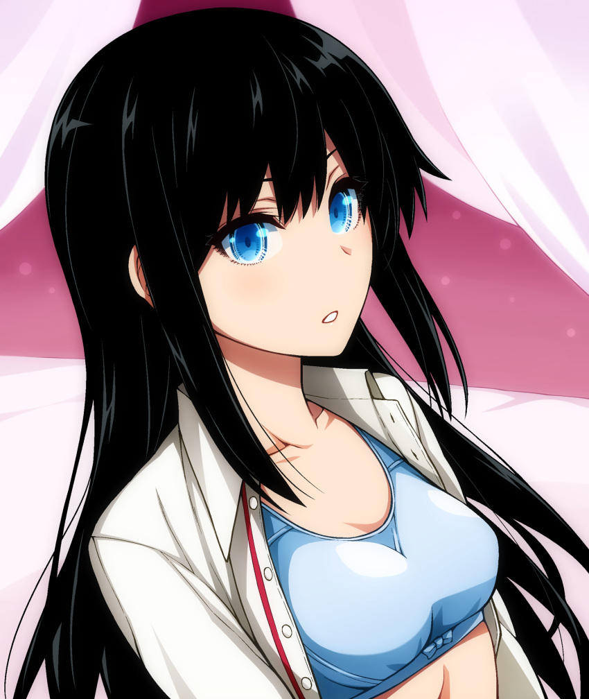 1girl :o alternate_breast_size asashio_(kancolle) bed_sheet black_hair blue_eyes blue_sports_bra blush breasts collarbone collared_shirt commentary_request dutch_angle highres kantai_collection long_hair looking_at_viewer medium_breasts open_clothes open_shirt parted_lips photoshop_(medium) purple_background shirt sidelocks solo sports_bra straight_hair unbuttoned unbuttoned_shirt underwear upper_body uron-rei very_long_hair white_shirt wing_collar