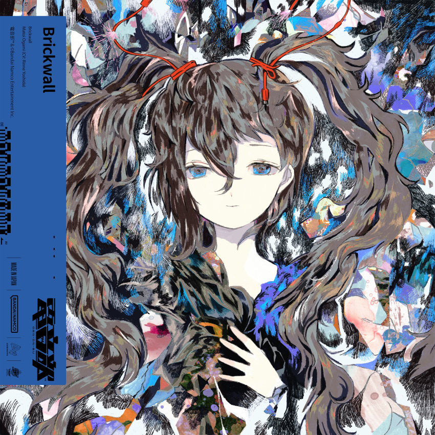 1girl abstract absurdres album_cover anabone blue_eyes brown_hair closed_mouth commentary_request cover curly_hair denonbu hair_between_eyes hair_ribbon hair_tie hand_on_own_chest highres long_hair looking_at_viewer official_alternate_hairstyle official_art ogami_matoi red_ribbon ribbon second-party_source solo twintails upper_body