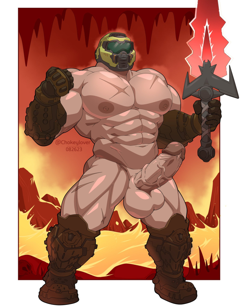 armor bethesda boots clothing doom_(series) doom_slayer erection footwear genitals gloves handwear headgear hell helmet hi_res human human_only id_software maldu male mammal muscular muscular_male not_furry nude nude_male penis scar solo vein veiny_penis