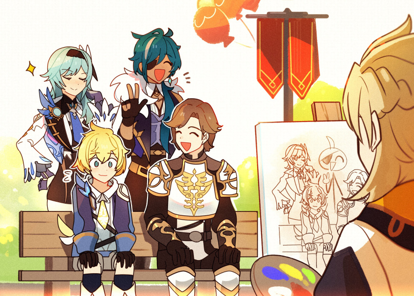 1girl 5boys :d \||/ ^_^ absurdres albedo_(genshin_impact) antenna_hair arm_guards armor balloon bench black_gloves black_hairband black_leotard blonde_hair blue_eyes blue_hair blue_jacket blue_necktie braid brothers brown_hair canvas_(object) cape closed_eyes crossed_bangs dark-skinned_male dark_skin drawing earrings easel english_commentary enpitsu01 eula_(genshin_impact) eyepatch facing_away flag flying_sweatdrops french_braid fur_scarf fur_trim genshin_impact gloves gradient_hair hair_between_eyes hair_flip hair_ornament hairband hands_on_own_knees highres hood hoodie huffman_(genshin_impact) jacket jewelry kaeya_(genshin_impact) leotard long_sleeves looking_at_another medium_hair mika_(genshin_impact) multicolored_hair multiple_boys necktie outdoors paint palette_(object) park_bench partially_fingerless_gloves pauldrons red_hair short_hair shoulder_armor siblings single_earring sleeve_cuffs smile sparkle streaked_hair swept_bangs triangle_mouth two-tone_hair two-tone_necktie v vision_(genshin_impact) white_hair white_necktie yellow_necktie