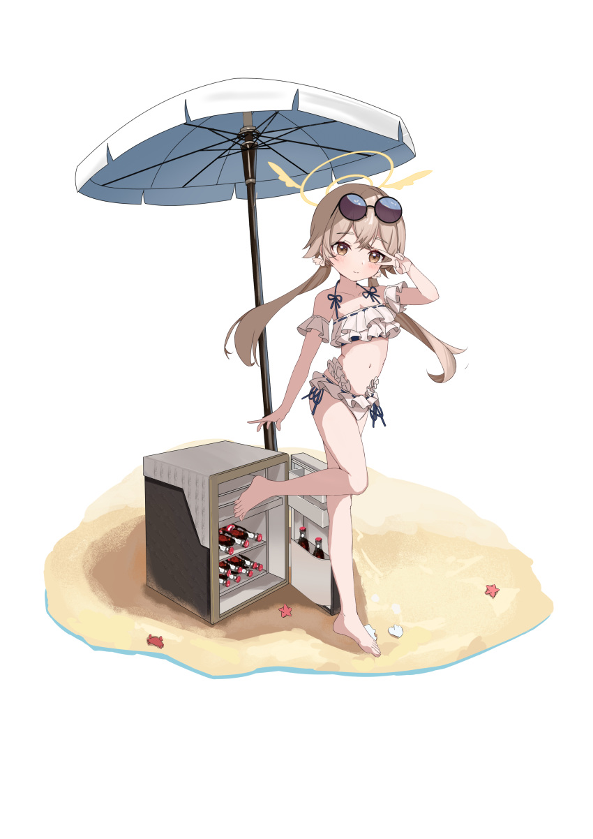 1girl absurdres barefoot beach beach_umbrella bikini blue_archive breasts brown_hair collarbone crossed_bangs eyewear_on_head feet frilled_bikini frills full_body halo hand_up hifumi_(blue_archive) hifumi_(swimsuit)_(blue_archive) highres kakyouin2002 legs long_hair minifridge navel official_alternate_costume outdoors sand shadow side-tie_bikini_bottom sidelocks small_breasts soda_bottle solo standing standing_on_one_leg stomach sunglasses swimsuit thighs toenails toes twintails umbrella v white_background white_bikini