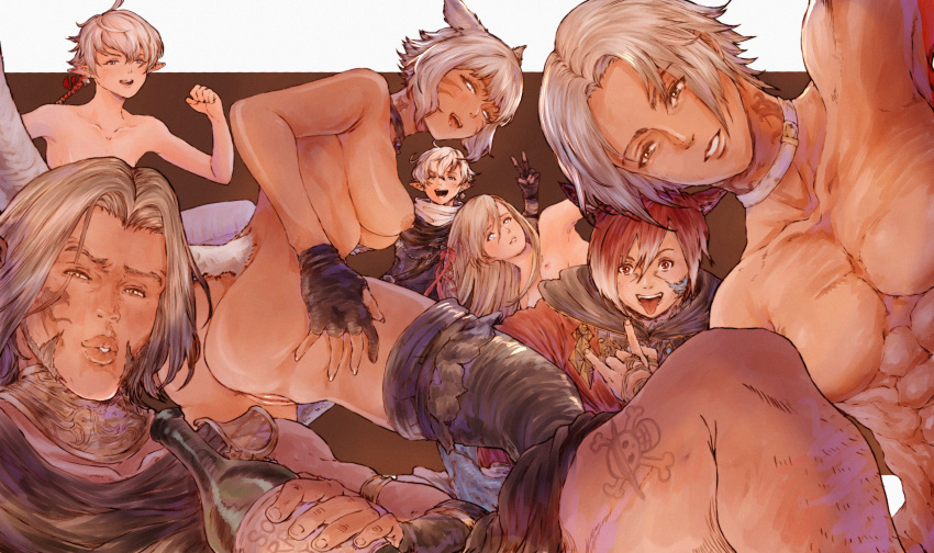 3girls 4boys \n/ abs absurdres alisaie_leveilleur alphinaud_leveilleur animal_ears ass black_choker black_gloves black_robe black_thighhighs blonde_hair bottle breasts cat_ears cat_girl cat_tail choker commentary elezen elf english_commentary facial_mark final_fantasy final_fantasy_xiv g'raha_tia gloves grin gusty10rk head_tilt highres holding holding_bottle hyur jolly_roger long_hair looking_at_viewer miqo'te multiple_boys multiple_girls nipples one_piece parted_bangs partially_fingerless_gloves pectorals pointy_ears red_hair red_rope robe rope ryne_waters short_hair sleeveless smile straw_hats_jolly_roger tail tattoo thancred_waters thighhighs tongue tongue_out topless_male urianger_augurelt v white_choker white_hair y'shtola_rhul
