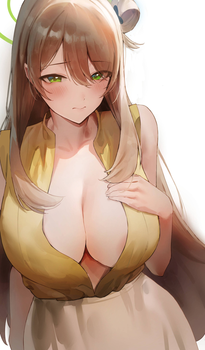 1girl absurdres blue_archive blush breasts center_opening cleavage closed_mouth collarbone green_eyes hair_bun halo highres large_breasts light_brown_hair long_hair looking_at_viewer nonomi_(blue_archive) rororo shirt sidelocks single_side_bun skirt sleeveless sleeveless_shirt solo white_skirt yellow_shirt