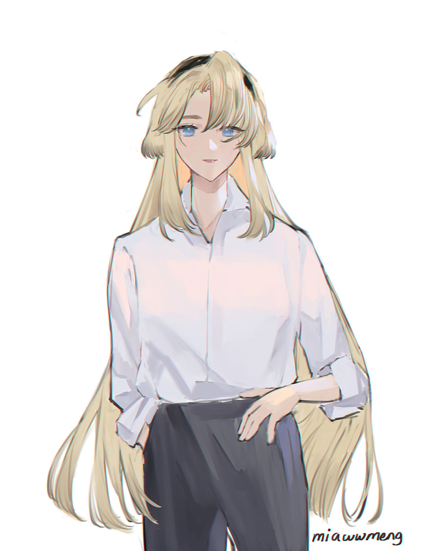 1girl animal_ears arknights black_pants blonde_hair blue_eyes collared_shirt cowboy_shot dog_ears dog_girl floppy_ears hand_in_pocket highres kristen_(arknights) laurene_(miawwmeng) lips long_sleeves looking_at_viewer pants shirt solo white_shirt