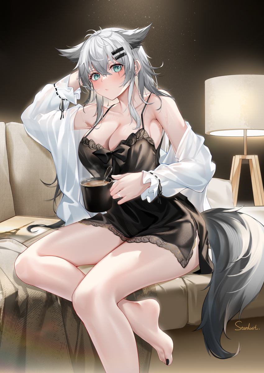 1girl animal_ear_fluff animal_ears arknights bare_legs bare_shoulders barefoot black_nightgown blue_eyes breasts coffee couch cup grey_eyes grey_hair hair_ornament hairclip highres holding holding_cup jewelry lamppost lappland_(arknights) long_hair medium_breasts nightgown on_couch ring scar scar_across_eye solo stardust_(chen'ai_weiding) tail toenails wedding_ring white_hair wolf_ears wolf_tail