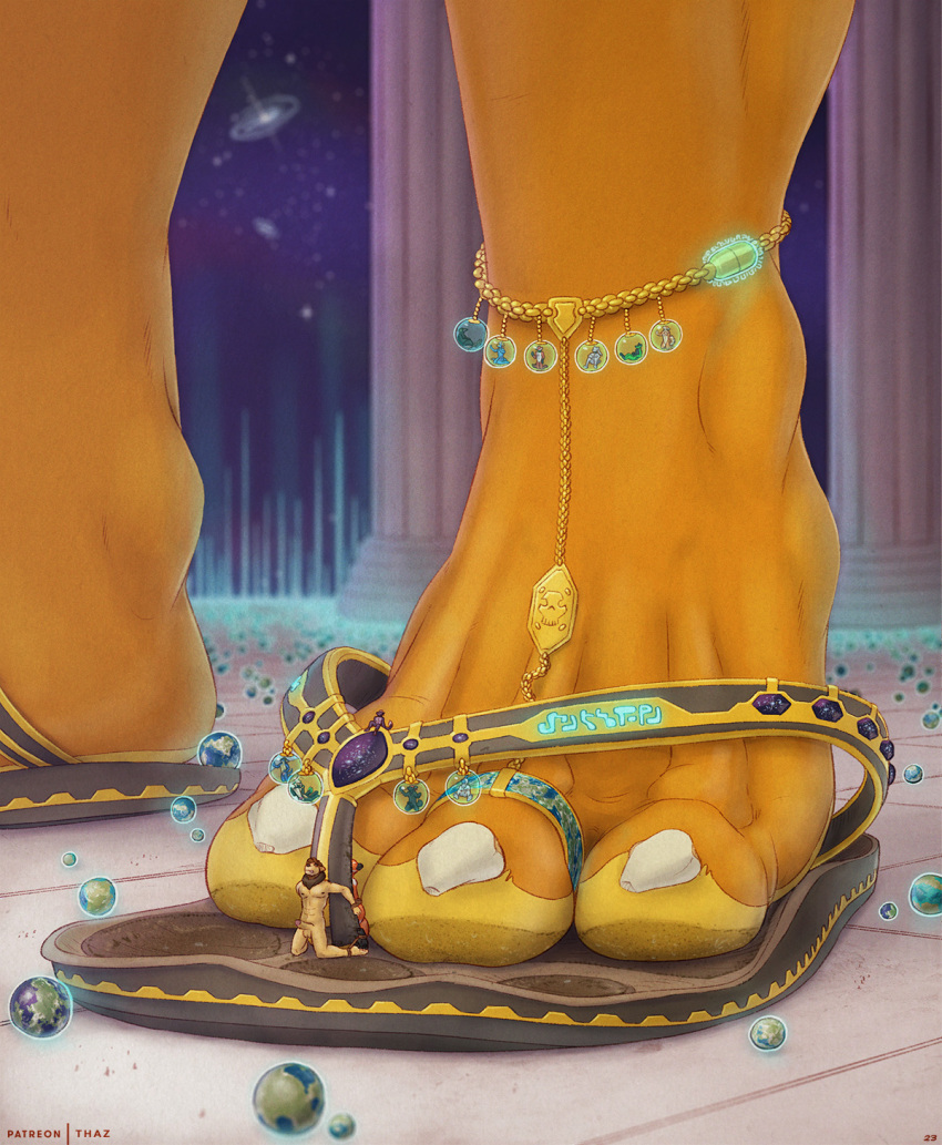 anthro blue_glow claws close-up clothing colored digit_ring erection feet felid flip_flops foot_fetish foot_focus footwear group hi_res jewelry lion macro male mammal micro micro_abuse palace pantherine planet ring sandals space story story_in_description terra_macro thaz_(artist) thaz_(character) toe_ring toes