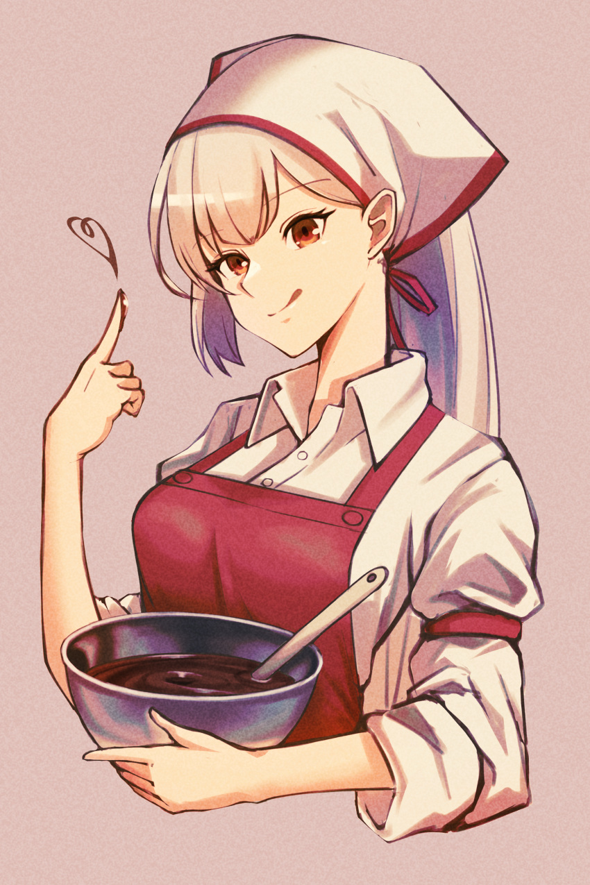 1girl :q absurdres apron armband blush bowl breasts buttons chocolate_making chocolate_on_hand collared_shirt commentary_request cropped_torso equality_taira eyelashes food_on_hand fujiwara_no_mokou grey_background head_scarf heart highres holding holding_bowl index_finger_raised large_breasts long_hair long_sleeves looking_at_viewer red_apron red_eyes shirt simple_background solo spatula standing tongue tongue_out touhou white_hair white_shirt wing_collar