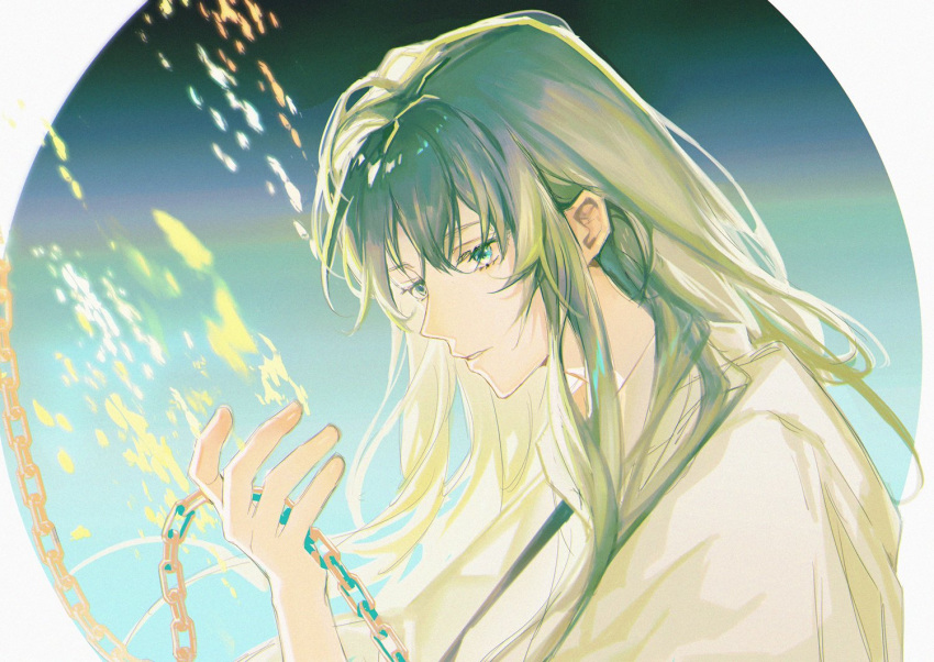 1other androgynous cangchen chain enkidu_(fate) fate/grand_order fate/strange_fake fate_(series) green_eyes green_hair light_green_hair long_hair robe solo toga upper_body very_long_hair white_robe