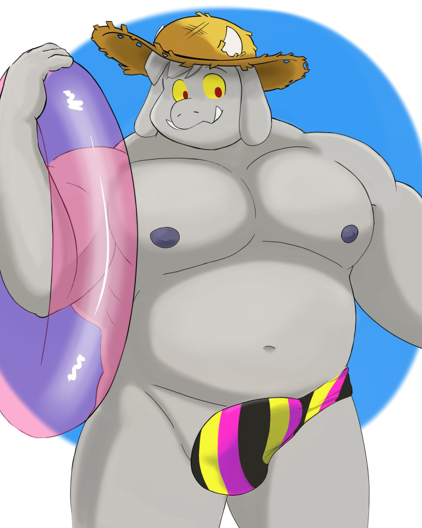 anthro bovid bulge caprine clothing enfer_belial fur goat goenym grey_body grey_fur hat headgear headwear hi_res horn kings_of_hell male mammal muscular muscular_anthro muscular_male navel nipples pecs solo speedo straw_hat swim_ring swimwear