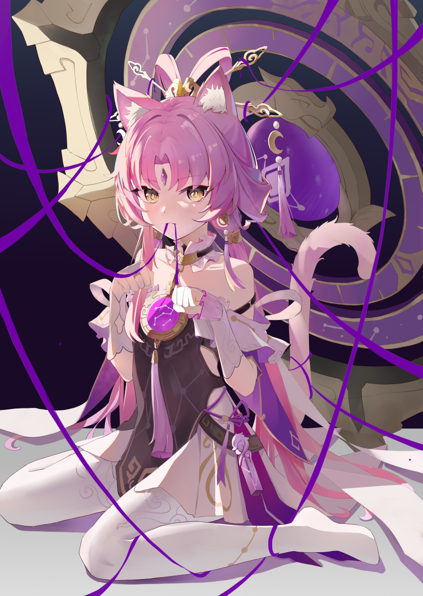 1girl absurdres animal_ear_fluff animal_ears bare_shoulders blhazx cat_ears cat_girl cat_tail chinese_commentary closed_mouth commentary_request constellation_print dress facial_mark forehead_jewel forehead_mark fu_xuan_(honkai:_star_rail) full_body gloves hair_ornament highres honkai:_star_rail honkai_(series) long_hair looking_at_viewer mouth_hold parted_bangs paw_pose pink_hair pink_tassel purple_ribbon purple_rope ribbon rope sitting solo tail thighhighs wariza white_gloves white_thighhighs yellow_eyes