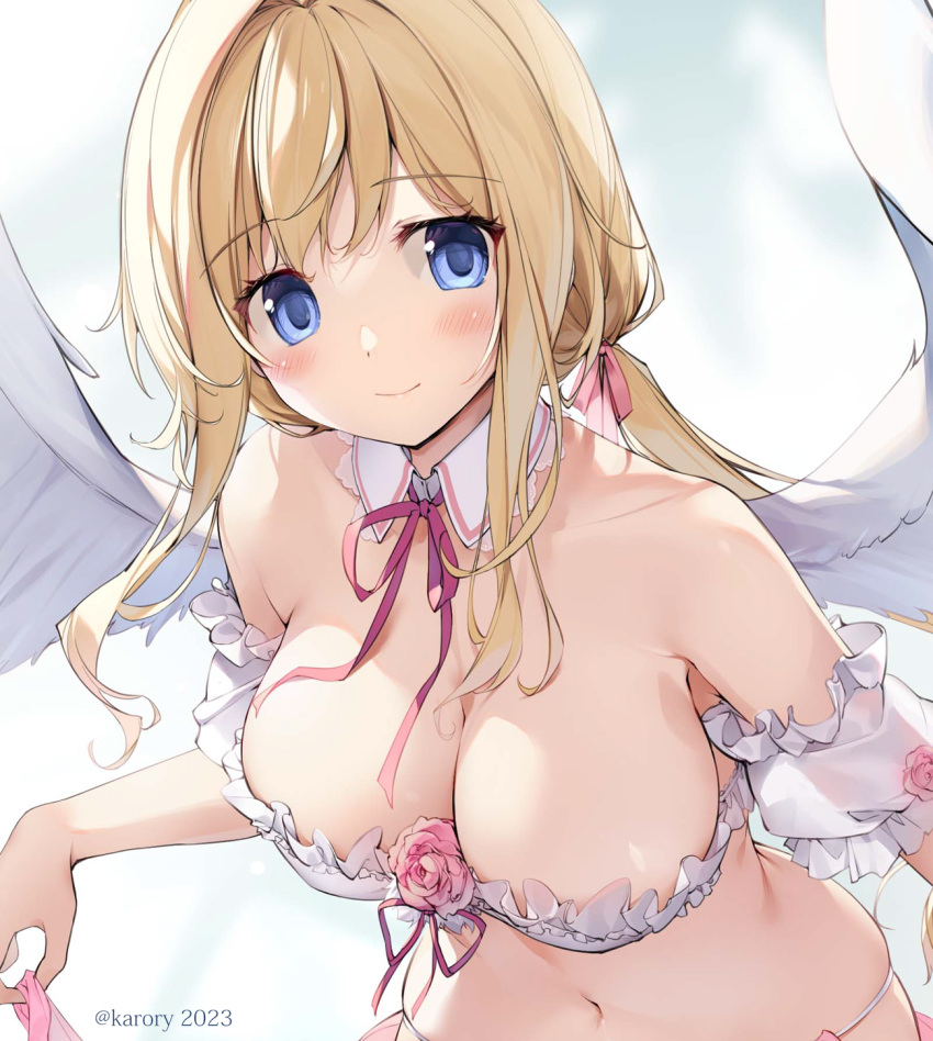 1girl angel_wings bikini blonde_hair blue_eyes blush breasts cleavage frilled_bikini frills highres karory large_breasts long_hair looking_at_viewer low_twintails neck_ribbon original red_ribbon ribbon solo swimsuit twintails twitter_username white_bikini white_wings wings