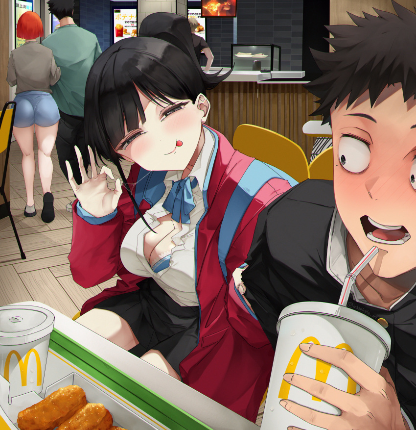 2girls 3boys :p absurdres ass black_eyes black_hair black_jacket black_pants black_skirt blue_bra blue_shorts blush bob_cut boyfriend_(yoru_mac) bra bra_peek breasts cashier chicken_nuggets cleavage clothes_grab commission cup disposable_cup english_commentary father_(yoru_mac) fellatio_gesture flustered girlfriend_(yoru_mac) green_shirt highres holding holding_cup indoors inkspirate jacket large_breasts licking_lips long_hair looking_at_another mcdonald's mole mole_under_eye mother_(yoru_mac) multiple_boys multiple_girls naughty_face on_chair open_clothes open_jacket orange_hair pants partially_unbuttoned ponytail product_placement red_jacket saliva saliva_trail school_uniform shirt short_hair short_shorts shorts sitting skirt sleeve_grab tongue tongue_out underwear white_shirt yoru_mac