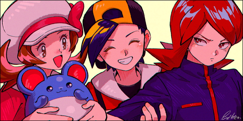 1girl 2boys :d backwards_hat blush brown_eyes brown_hair closed_eyes commentary_request ethan_(pokemon) eyelashes hat highres holding holding_another's_arm holding_pokemon jacket kwsby_124 lyra_(pokemon) marill multiple_boys open_mouth pokemon pokemon_(creature) ponytail red_eyes red_hair signature silver_(pokemon) simple_background smile teeth