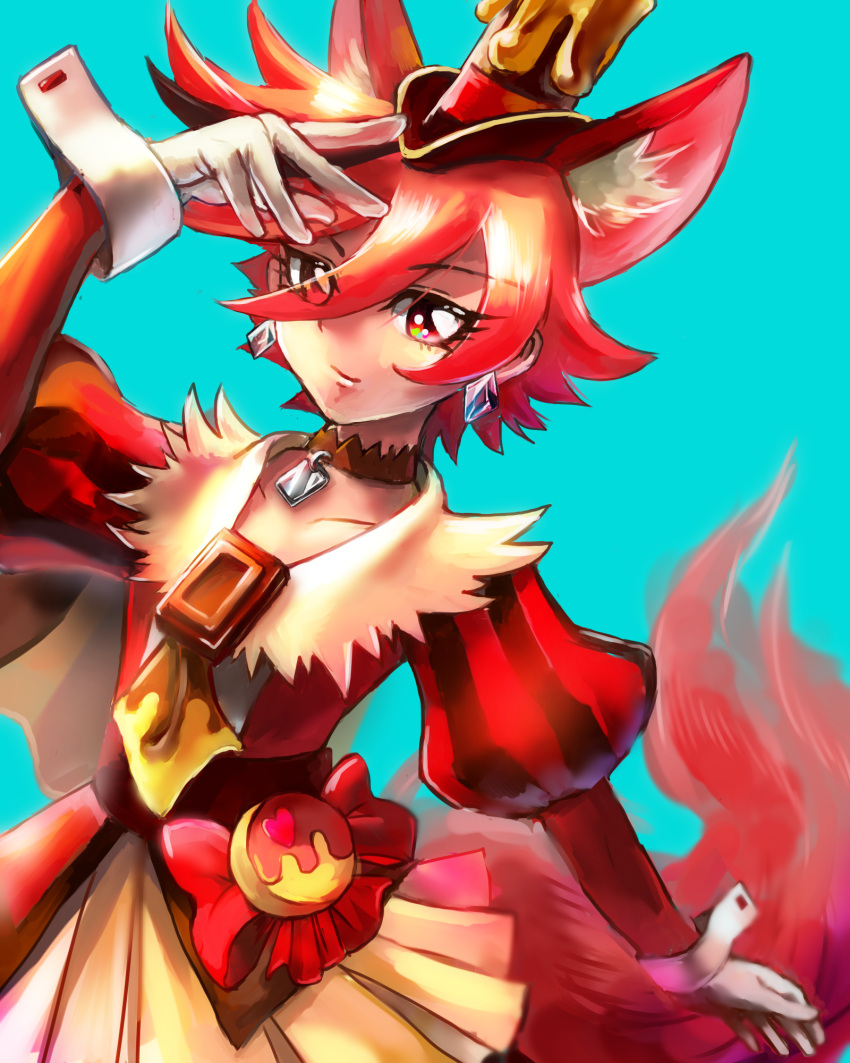 1girl animal_ear_fluff animal_ears blue_background chocolate choker collarbone cure_chocolat dog_ears dog_girl dog_tail earrings extra_ears eyelashes gloves hat highres jewelry kenjou_akira kirakira_precure_a_la_mode long_sleeves magical_girl precure puffy_sleeves red_eyes red_hair red_tail short_hair simple_background smile solo tail top_hat white_gloves wrapped_candy yurikiya