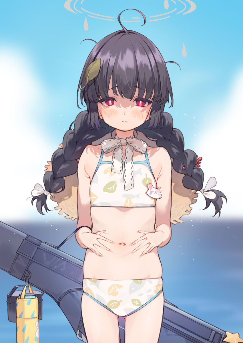 1girl ahoge amana_(pocketkey) bikini black_hair blue_archive blurry blurry_background blush bottle braid closed_mouth day flat_chest hair_ribbon halo hat hat_around_neck highres leaf leaf_on_head leaf_print long_hair looking_at_viewer messy_hair miyu_(blue_archive) miyu_(swimsuit)_(blue_archive) navel outdoors red_eyes ribbon solo straw_hat sweat swimsuit twin_braids water white_ribbon