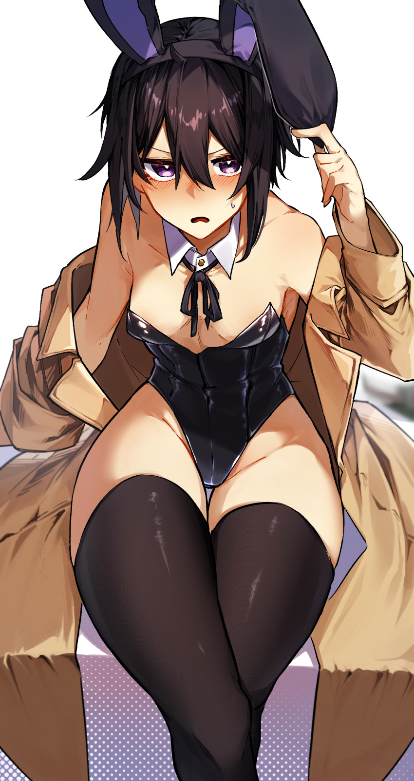 1girl absurdres adjusting_clothes adjusting_headwear animal_ears arm_at_side bare_shoulders black_bow black_bowtie black_hair black_headband black_leotard black_ribbon black_thighhighs blush bow bowtie breasts brown_coat chabashira_(tyabasirak55) cleavage coat collarbone commentary crossed_legs detached_collar embarrassed fake_animal_ears feet_out_of_frame from_above frown groin hair_between_eyes hand_up headband highleg highleg_leotard highres kino_(kino_no_tabi) kino_no_tabi leotard looking_at_viewer looking_up narrowed_eyes neck_ribbon nose_blush off_shoulder parted_lips playboy_bunny purple_eyes rabbit_ears ribbon short_hair simple_background sitting small_breasts solo strapless strapless_leotard sweatdrop thigh_gap thighhighs tomboy trench_coat upturned_eyes v-shaped_eyebrows white_background