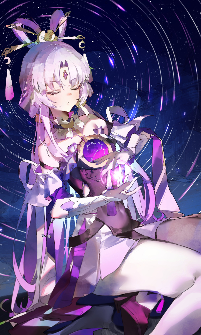 1girl absurdres bare_shoulders bow-shaped_hair closed_eyes cocoballking commentary constellation dress forehead_jewel fu_xuan_(honkai:_star_rail) hair_ornament hair_stick highres honkai:_star_rail honkai_(series) leggings light_blush long_hair low_twintails magic pantyhose parted_bangs pink_hair pink_tassel sitting solo tassel tassel_hair_ornament twintails very_long_hair white_leggings white_pantyhose