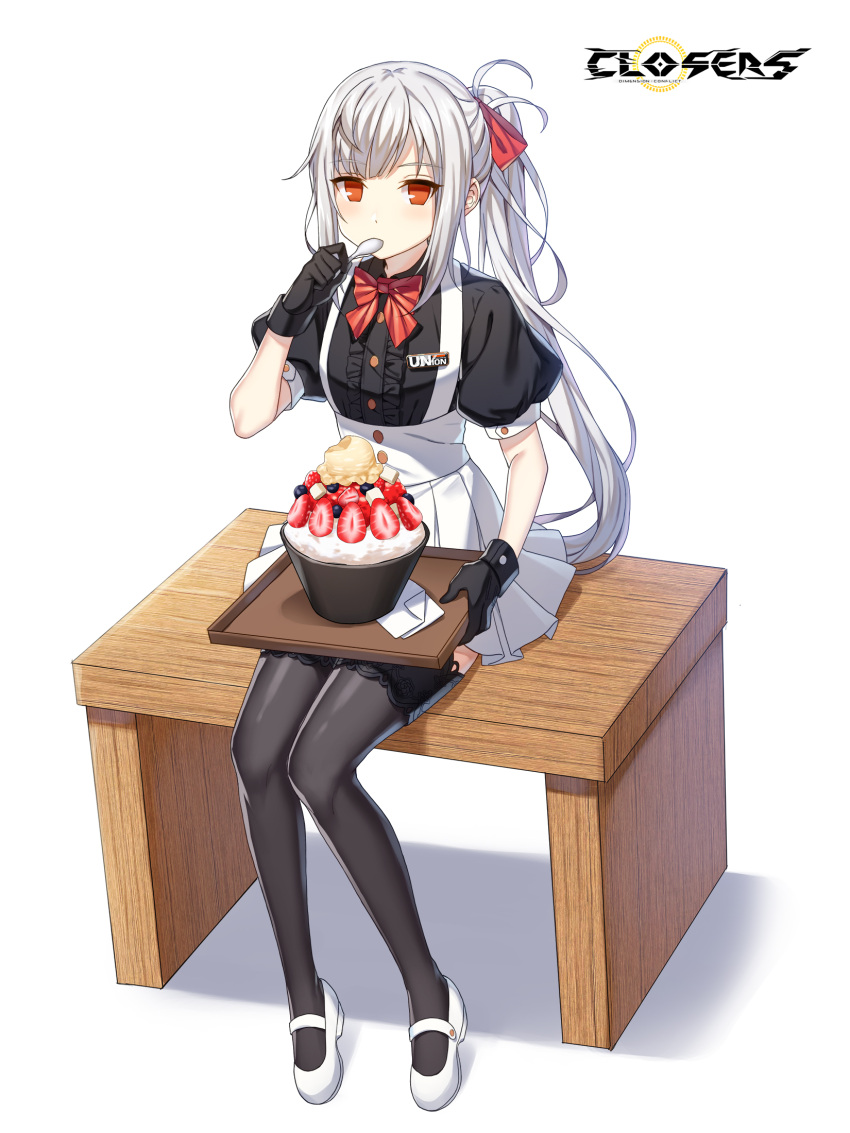 1girl alternate_hair_color badge black_gloves black_shirt black_thighhighs bow bowl bowtie breasts center_frills closers collared_shirt copyright_name eating food frills fruit full_body gloves hair_bow hand_up high-waist_skirt highres holding holding_spoon holding_tray ice_cream knees_together_feet_apart lace-trimmed_thighhighs logo long_hair looking_at_viewer mary_janes miniskirt no_pupils official_art on_bench orange_eyes paper pleated_skirt ponytail puffy_short_sleeves puffy_sleeves red_bow red_bowtie shirt shoes short_sleeves sidelocks single_scoop sitting sitting_on_bench skirt small_breasts solo spoon strawberry strawberry_slice suspender_skirt suspenders tachi-e thighhighs tina_(closers) tray underbust utensil_in_mouth very_long_hair waitress white_background white_footwear white_hair white_skirt zettai_ryouiki