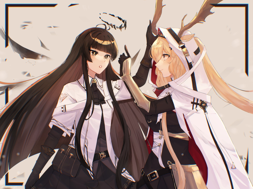 2girls :o absurdres ahoge animal_ears antenna_hair antlers antlers_through_headwear antlers_through_hood arknights armor ascot belt belt_buckle belt_pouch black_ascot black_belt black_border black_bustier black_gloves black_halo black_pouch black_skirt black_wings blonde_hair blunt_bangs blurry blurry_background border breasts broken_halo brown_belt brown_dress brown_eyes brown_hair buckle bustier buttons cloak collared_jacket colored_inner_hair commentary commission cowboy_shot dark_halo deer_antlers deer_ears deer_girl depth_of_field detached_wings dress dress_shirt ears_through_headwear ears_through_hood energy_wings english_commentary eye_contact eyelashes from_side gauntlets gloves grey_shirt hair_between_eyes hair_through_headwear hair_through_hood halo hand_up highres hime_cut hood hood_up hooded_cloak index_finger_raised jacket kazuuu_art large_breasts layered_sleeves light_brown_hair light_smile lips lipstick long_hair long_sleeves looking_at_another makeup metal metal_gloves miniskirt multicolored_cloak multicolored_clothes multicolored_dress multicolored_gloves multicolored_hair multiple_girls open_mouth outside_border outstretched_hand pale_skin pleated_skirt pouch profile purple_eyes red_cloak red_hood red_lips sepia_background shirt short_over_long_sleeves short_sleeved_jacket short_sleeves sidelocks simple_background skirt small_breasts standing twitter_username two-tone_cloak two-tone_dress two-tone_gloves two-tone_hair two-tone_hood very_long_hair virtuosa_(arknights) viviana_(arknights) white_belt white_cloak white_dress white_hood white_jacket wide_sleeves wing_collar wings yellow_gloves yellow_pupils