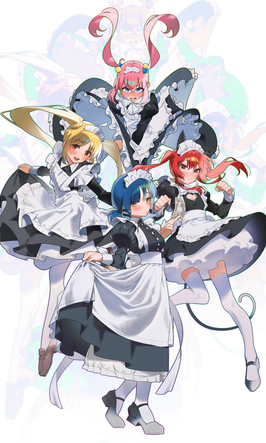 1girl 4girls :3 @_@ absurdres ahoge alternate_costume alternate_hairstyle animal_ears apron back_bow black_dress black_footwear blonde_hair blue_eyes blue_hair blush bocchi_the_rock! bow breasts bubble_skirt buttons cat_ears cat_tail cleavage_cutout clenched_hands closed_mouth clothes_lift clothing_cutout commentary_request cube_hair_ornament detached_ahoge dress dress_lift embarrassed fake_animal_ears fake_tail floating floating_hair frilled_apron frilled_dress frills full_body gotoh_hitori green_eyes grey_footwear hair_between_eyes hair_ornament hairclip hand_up hands_up heart heart_cutout highres holding holding_money ijichi_nijika juliet_sleeves kita_ikuyo leg_up long_hair long_sleeves looking_at_viewer looking_down low_twintails maid maid_apron maid_headdress medium_breasts medium_hair mole mole_under_eye money multiple_girls nose_blush open_mouth pantyhose parted_bangs paw_pose petticoat pink_hair puffy_sleeves red_eyes red_hair side_ponytail sidelocks simple_background skirt skirt_hold smile socks sofa_(enogunomu) solo standing sweat tail teeth thighhighs twintails very_long_hair wavy_mouth white_apron white_background white_pantyhose white_socks white_thighhighs wind wind_lift yamada_ryo yellow_eyes yen zoom_layer
