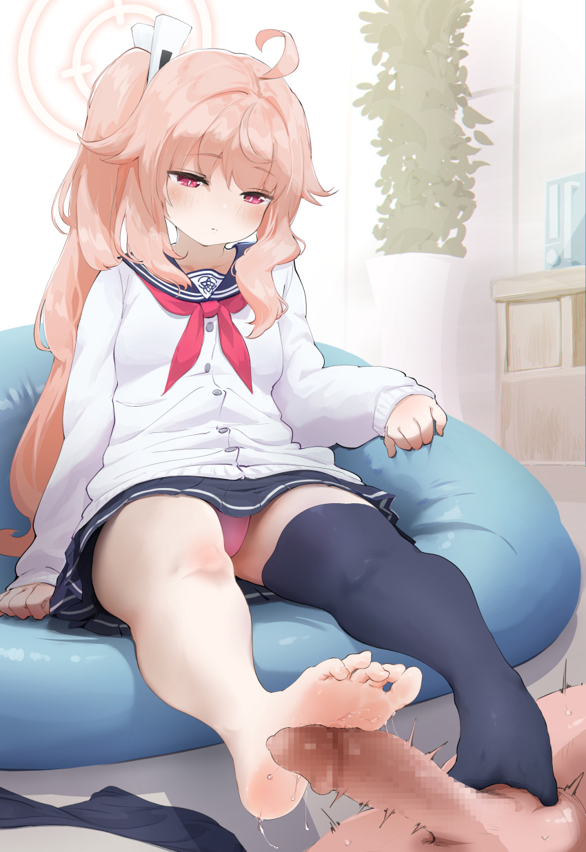 1boy 1girl absurdres ahoge bean_bag_chair blue_archive blue_sailor_collar buttons censored expressionless feet footjob hair_ornament halo hetero highres indoors jitome long_sleeves mosaic_censoring nadayui natsu_(blue_archive) neckerchief no_shoes panties pantyshot penis pink_eyes pink_hair pink_panties pleated_skirt red_neckerchief sailor_collar school_uniform serafuku side_ponytail single_thighhigh skirt sleeves_past_wrists socks_removed soles thighhighs toes two-footed_footjob underwear