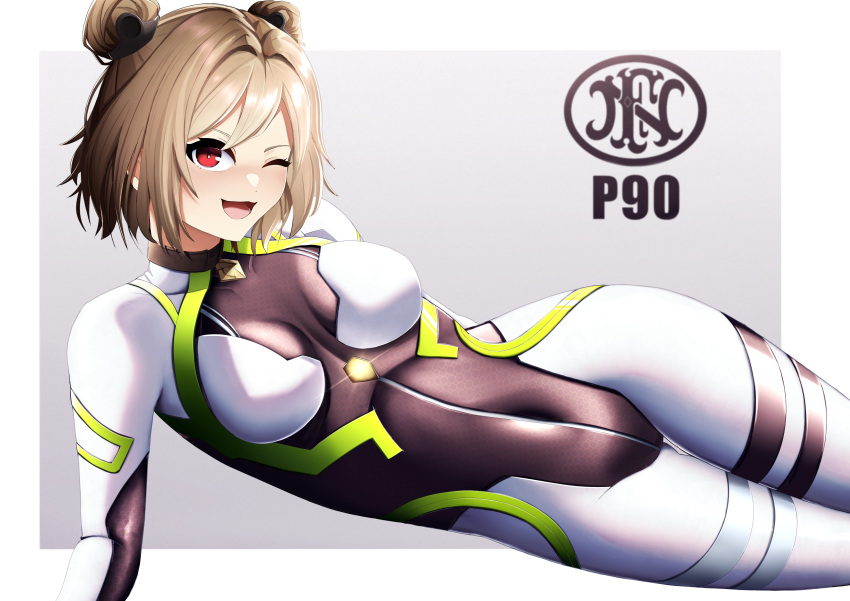 1girl absurdres ass_visible_through_thighs border breasts brown_hair character_name company_logo covered_navel double_bun girls'_frontline hair_bun hair_ornament highres looking_at_viewer lying medium_breasts medium_hair navel on_side one_eye_closed open_mouth p90_(girls'_frontline) plugsuit red_eyes solo sparkle white_border yan_kodiac