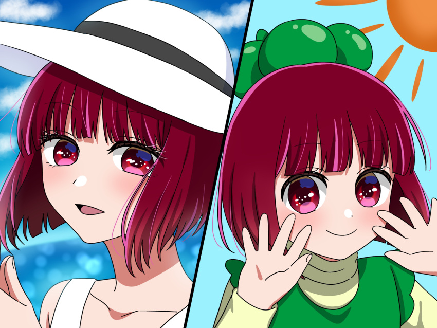 1girl age_progression annu7 arima_kana black_ribbon blue_background bob_cut closed_mouth cloud collarbone commentary dress floating_hair green_dress green_headwear hat hat_ribbon highres inverted_bob long_sleeves looking_at_viewer medium_hair open_mouth oshi_no_ko own_hands_together red_eyes red_hair ribbon shadow sky smile strap sun_hat upper_body white_headwear