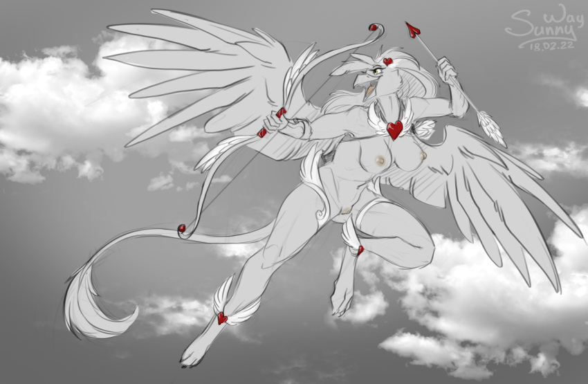 anthro arrow_(weapon) avian bird bow_(weapon) breasts clothing cloud costume cupid's_arrow cute_expression digital_drawing_(artwork) digital_media_(artwork) feathers female flying genitals gryphon happy holidays love mythological_avian mythology nipples nude open_mouth patreon paws pussy ranged_weapon reward sky solo sunny_way valentine's_day weapon wings