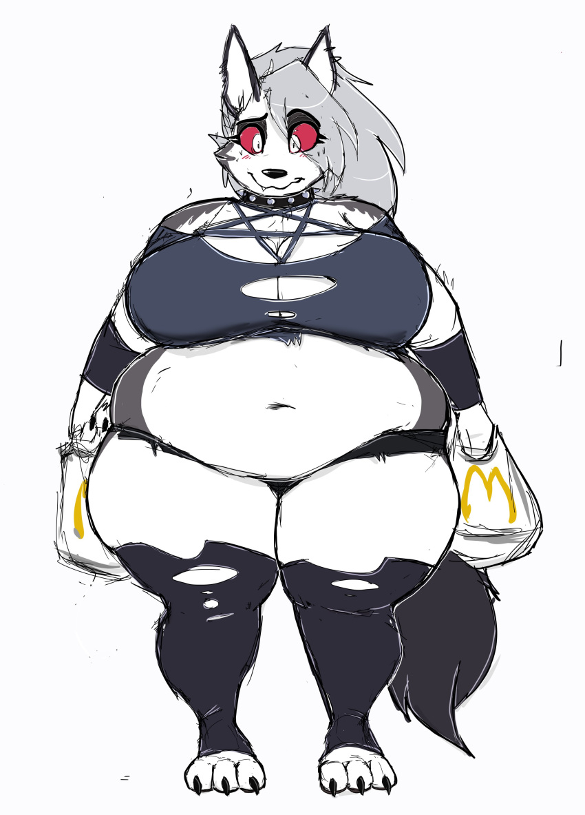 absurd_res anthro bag belly big_breasts black_nose blush breasts canid canid_demon clothed clothing collar demon female fur grey_body grey_fur grey_hair hair hellhound helluva_boss herro hi_res holding_bag loona_(helluva_boss) mammal mcdonald's navel overweight overweight_anthro overweight_female red_sclera simple_background solo spiked_collar spikes standing thick_thighs torn_clothing white_background white_body white_eyes white_fur wide_hips