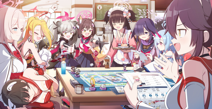 6+girls :3 :d animal_ear_fluff animal_ears apron black_choker black_gloves black_hair blonde_hair blue_archive blue_eyes blue_hair blue_sailor_collar blue_skirt blunt_bangs blush board_game bow braid bridal_gauntlets brown_hair cake cake_slice cape chise_(blue_archive) choker closed_eyes closed_mouth coffee_maker_(object) cup detached_sleeves dice eyeshadow fang figure food fox_ears fox_girl fox_hair_ornament fox_tail frilled_kimono frills gloves green_tea grey_hair gun hair_over_one_eye halo highres holding holding_cup holding_paper horns indoors izuna_(blue_archive) japanese_clothes kaede_(blue_archive) kimono knees_up korean_commentary korean_text lap_pillow light_blush long_hair looking_at_another looking_down maid_headdress makeup menu_board michiru_(blue_archive) mimori_(blue_archive) mnnnya multicolored_hair multiple_girls neckerchief oni_horns open_mouth orange_tail paper partially_fingerless_gloves pina_(blue_archive) pink_eyes pink_eyeshadow pink_hair pink_horns pink_kimono pink_neckerchief playing_games pointy_ears print_kimono purple_eyes purple_hair purple_scarf raccoon_ears raccoon_hair_ornament red_sailor_collar ribbon-trimmed_legwear ribbon_trim sailor_collar sash scarf shizuko_(blue_archive) short_hair sideless_outfit skirt sleeping sleeping_on_person sleeveless smile socks streaked_hair sweat table tabletop_rpg tail tea tray tsubaki_(blue_archive) tsukuyo_(blue_archive) twintails two_side_up upper_body wa_maid wavy_mouth weapon white_apron white_cape white_socks wide_sleeves yellow_eyes