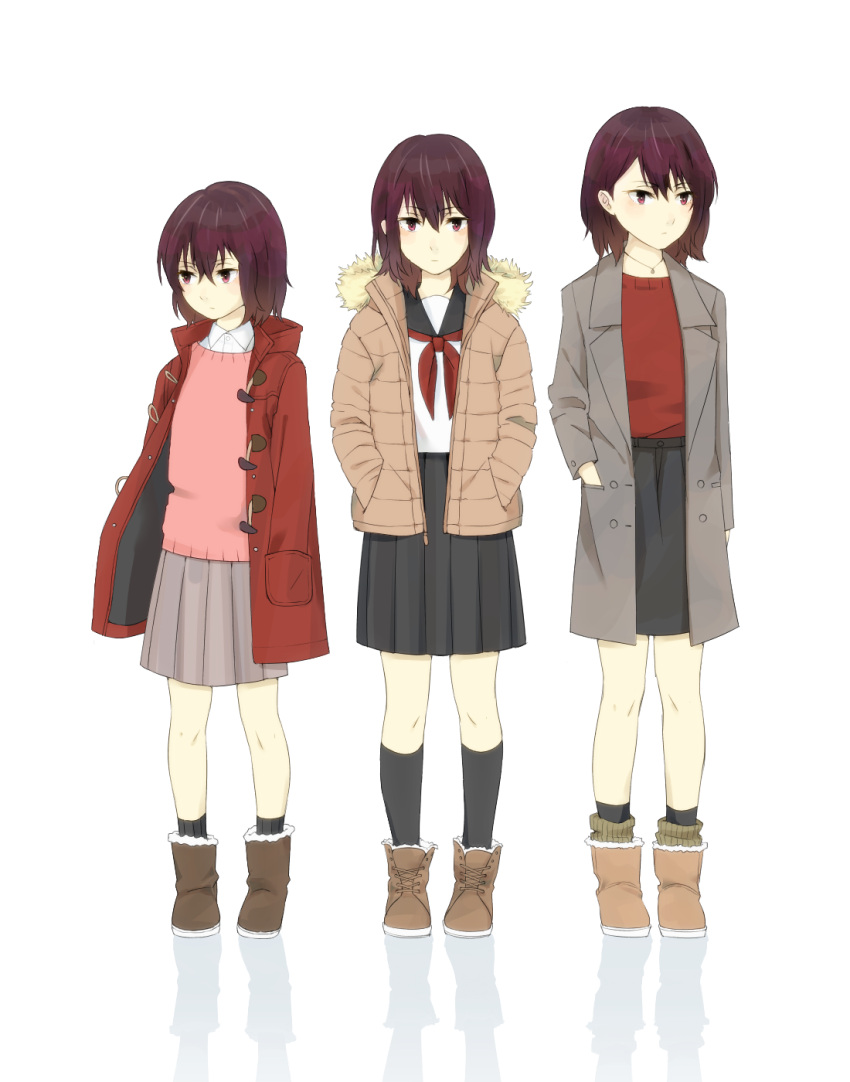 age_progression black_skirt black_socks blush boku_dake_ga_inai_machi boots brown_footwear brown_hair brown_shirt closed_mouth collared_shirt expressionless grey_jacket grey_skirt hands_in_pockets highres hinazuki_kayo hooded_coat jacket jewelry kneehighs necklace pink_sweater pleated_skirt red_jacket red_shirt sasai_(well) school_uniform serafuku shirt short_hair skirt socks sweater white_background white_shirt