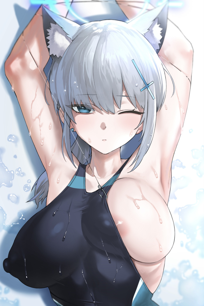 1girl absurdres animal_ear_fluff animal_ears areola_slip armpits arms_up bare_shoulders blue_archive blue_eyes blue_one-piece_swimsuit blush breasts collarbone competition_swimsuit covered_nipples cross_hair_ornament extra_ears grey_hair hair_ornament halo highres kazane-wind large_breasts looking_at_viewer lying medium_hair multicolored_clothes multicolored_swimsuit nipple_slip nipples on_back one-piece_swimsuit one_eye_closed shiroko_(blue_archive) shiroko_(swimsuit)_(blue_archive) short_ponytail sidelocks solo swimsuit water wet wet_clothes wolf_ears