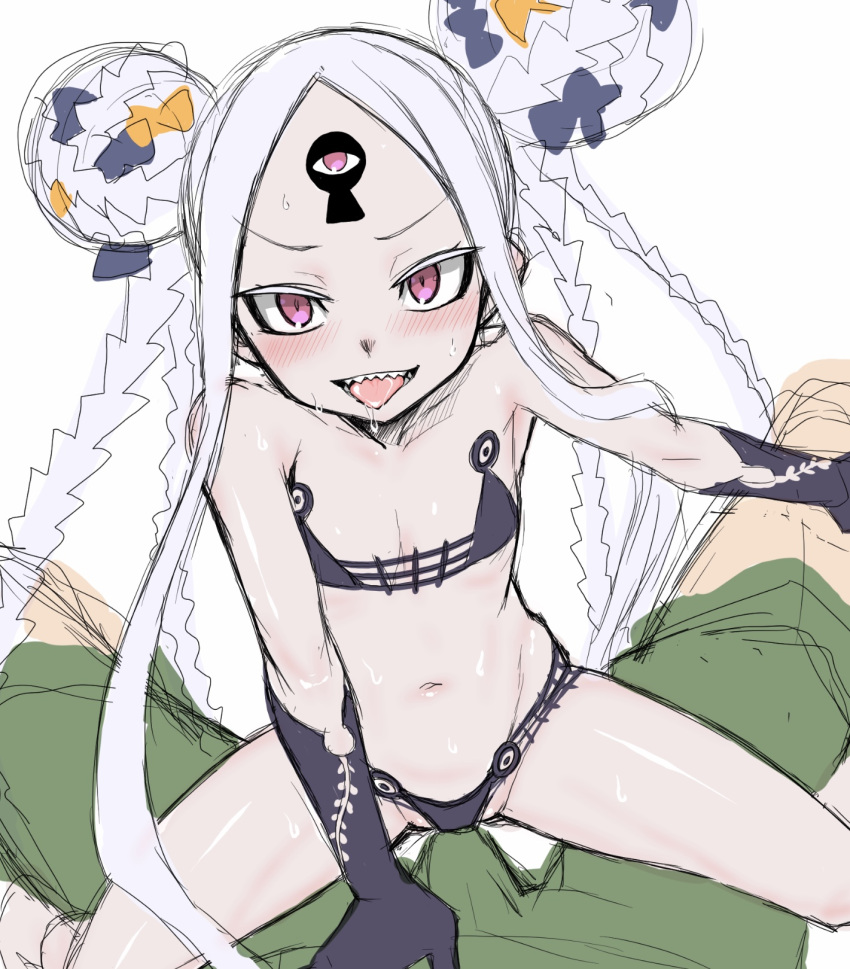 1boy 1girl abigail_williams_(fate) abigail_williams_(swimsuit_foreigner)_(fate) abigail_williams_(swimsuit_foreigner)_(first_ascension)_(fate) assertive_female bikini black_bikini black_gloves blush bulge double_bun erection erection_under_clothes fate/grand_order fate_(series) flat_chest girl_on_top gloves grey_hair hair_bun hetero highres keyhole long_hair navel open_mouth pink_eyes saliva senbei_(avocadochaya) sharp_teeth sketch smile straddling sweat swimsuit teeth third_eye tongue tongue_out very_long_hair