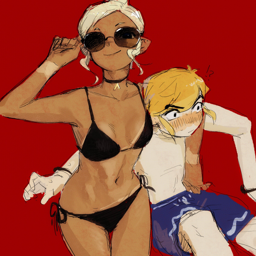 !? 1boy 1girl adjusting_eyewear arm_around_shoulder bikini black_bikini blonde_hair blue_swim_trunks blush breasts highres link male_swimwear pointy_ears senzo6700 sketch smile sunglasses swim_trunks swimsuit tetra the_legend_of_zelda the_legend_of_zelda:_the_wind_waker toon_link