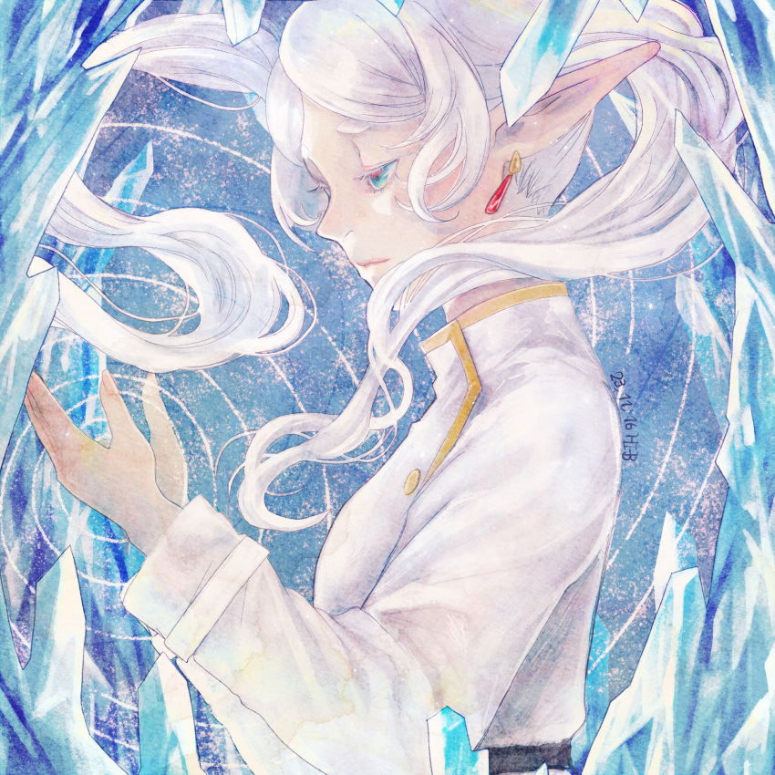 1girl blue_background blue_eyes crystal dated earrings elf frieren hei-b highres jewelry long_hair pointy_ears robe solo sousou_no_frieren twintails white_hair white_robe