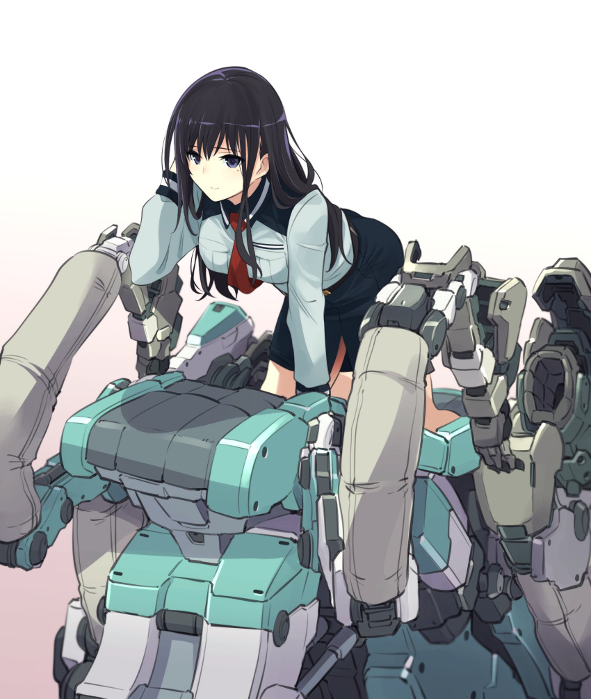 1girl absurdres alice_gear_aegis black_eyes black_hair black_skirt breasts green_shirt hand_on_own_head highres ishiyumi kagome_misaki leaning_forward long_hair looking_at_viewer mecha medium_breasts mole mole_under_eye necktie pencil_skirt red_necktie robot science_fiction shirt skirt smile solo