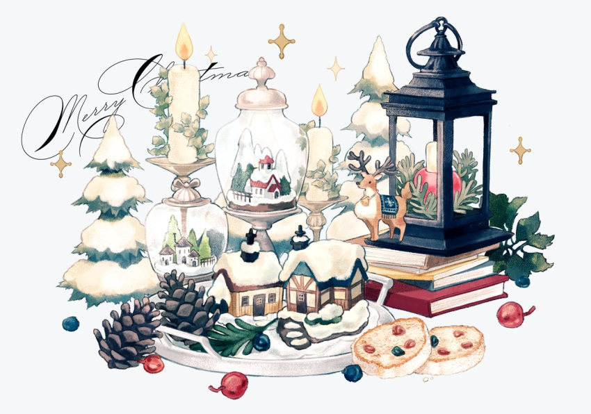 blue_background candle candlestand cherry christmas commentary cookie deer english_text fire food fruit house lantern leaf merry_christmas no_humans object_focus original ornament pine_tree pinecone snow somemachi sparkle still_life symbol-only_commentary tray tree