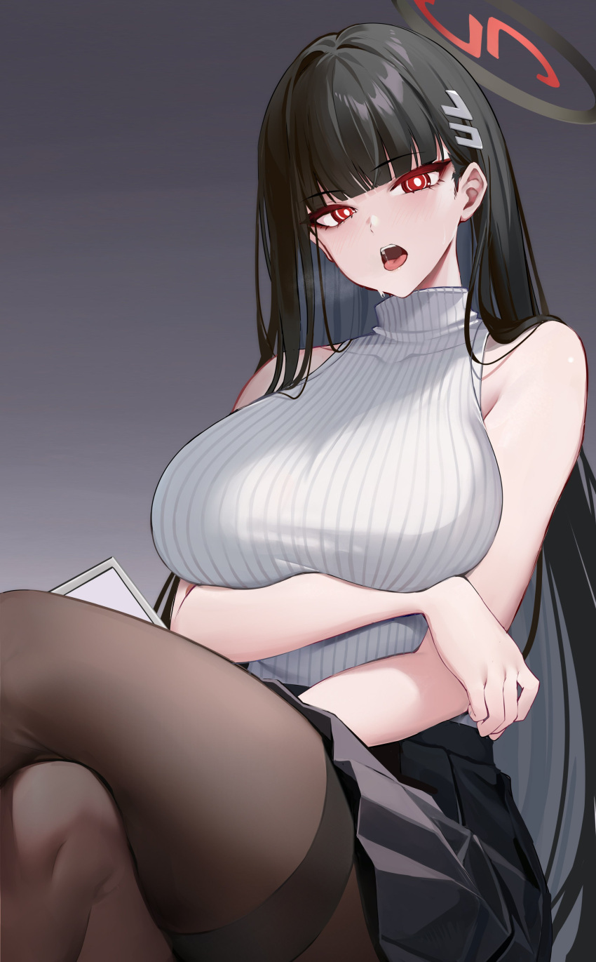 1girl absurdres arm_under_breasts black_hair black_pantyhose blue_archive blunt_bangs blush breasts bright_pupils hair_ornament hairclip halo highres holding holding_tablet_pc kikimi large_breasts long_hair looking_at_viewer open_mouth pantyhose red_eyes ribbed_sweater rio_(blue_archive) saliva skirt solo steam sweat sweater tablet_pc thighband_pantyhose turtleneck turtleneck_sweater very_long_hair white_sweater