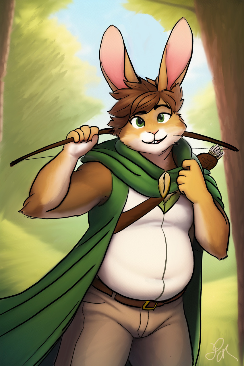 absurd_res archer bow_(weapon) cloak clothing fantasy hi_res lagomorph leporid male mammal medieval_clothing rabbit ranged_weapon ranger rourkie rourkiebunny slightly_chubby solo weapon