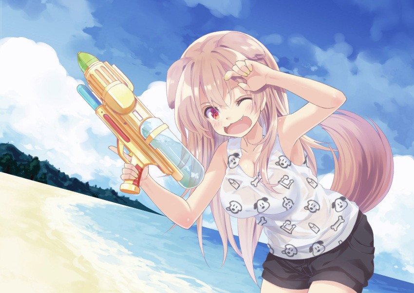 1girl 54hao animal_ears arm_up bare_arms bare_shoulders beach black_shorts blue_sky breasts brown_hair cleavage cloud cloudy_sky collarbone commentary_request day dog_ears dog_girl dog_tail hair_between_eyes hand_up highres holding hololive horizon inugami_korone large_breasts long_hair nail_polish ocean outdoors red_eyes short_shorts shorts sky solo tail tank_top trigger_discipline very_long_hair virtual_youtuber water water_gun wet wet_clothes white_tank_top yellow_nails