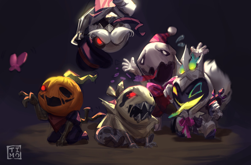 :d absurdres arms_up artist_name bug butterfly chibi creature crown fiddlesticks glowing glowing_eye hat highres league_of_legends looking_at_viewer open_mouth party_hat pumpkin pumpkinhead_fiddlesticks red_eyes sharp_teeth smile star_nemesis_fiddlesticks surprise_party_fiddlesticks teeth timo_(timotimo628) tongue tongue_out union_jack_fiddlesticks