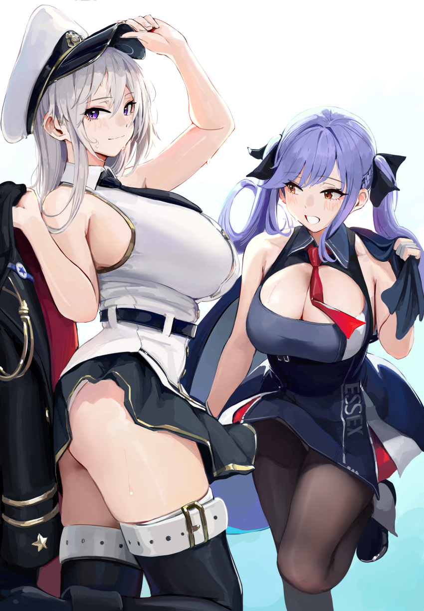 2girls ass azur_lane black_necktie black_skirt blue_dress blush breasts brown_pantyhose chela77 cleavage closed_mouth dress enterprise_(azur_lane) essex_(azur_lane) hat highres holding holding_clothes holding_jacket jacket large_breasts military_hat miniskirt multiple_girls necktie open_mouth orange_eyes pantyhose purple_eyes purple_hair red_necktie shirt short_dress skirt sweat thighhighs thighs twintails white_hair white_shirt wing_collar