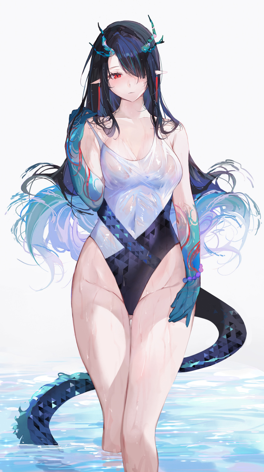 1girl arknights black_hair black_one-piece_swimsuit blue_hair blue_skin breasts closed_mouth colored_skin dragon_girl dragon_horns dragon_tail dusk_(arknights) hair_over_one_eye hand_up highleg highleg_swimsuit highres horns long_hair looking_at_viewer medium_breasts multicolored_hair one-piece_swimsuit one_eye_covered paid_reward_available pointy_ears qiandaiyiyu red_eyes solo standing swimsuit tail two-tone_swimsuit very_long_hair wading water wet white_background white_one-piece_swimsuit