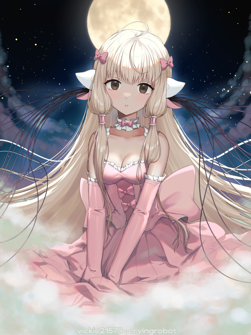 1girl artist_name blonde_hair blunt_bangs bow breasts brown_eyes chii chobits cleavage dress elbow_gloves full_moon gloves hair_bow highres long_hair looking_at_viewer medium_breasts moon neck_garter night night_sky parted_lips pink_bow pink_dress pink_gloves sidelocks sky sleeveless sleeveless_dress solo star_(sky) starry_sky very_long_hair vickie_(cryingrobot)