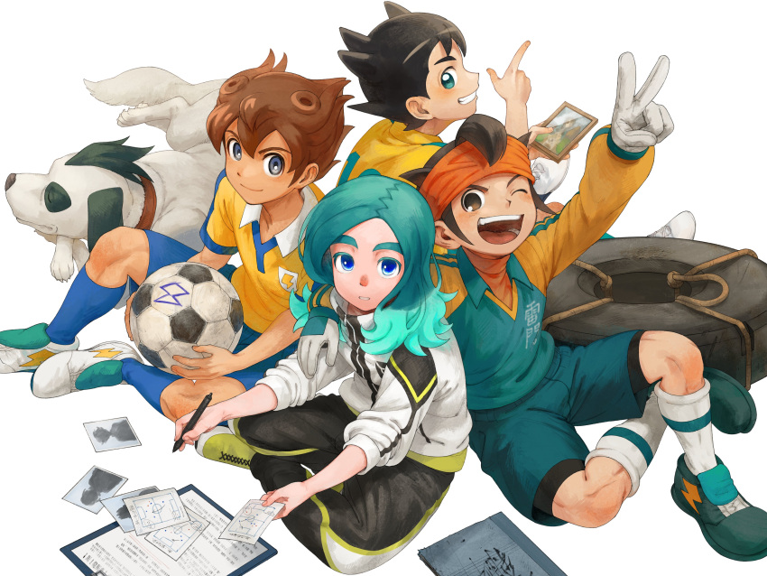 absurdres ball blue_hair brown_hair dog endou_mamoru gloves headband highres inamori_asuto inazuma_eleven_(series) inazuma_eleven_ares_no_tenbin inazuma_eleven_go inazuma_eleven_victory_road matsukaze_tenma ramen11 sasanami_unmei short_hair sleeves_rolled_up soccer soccer_ball v