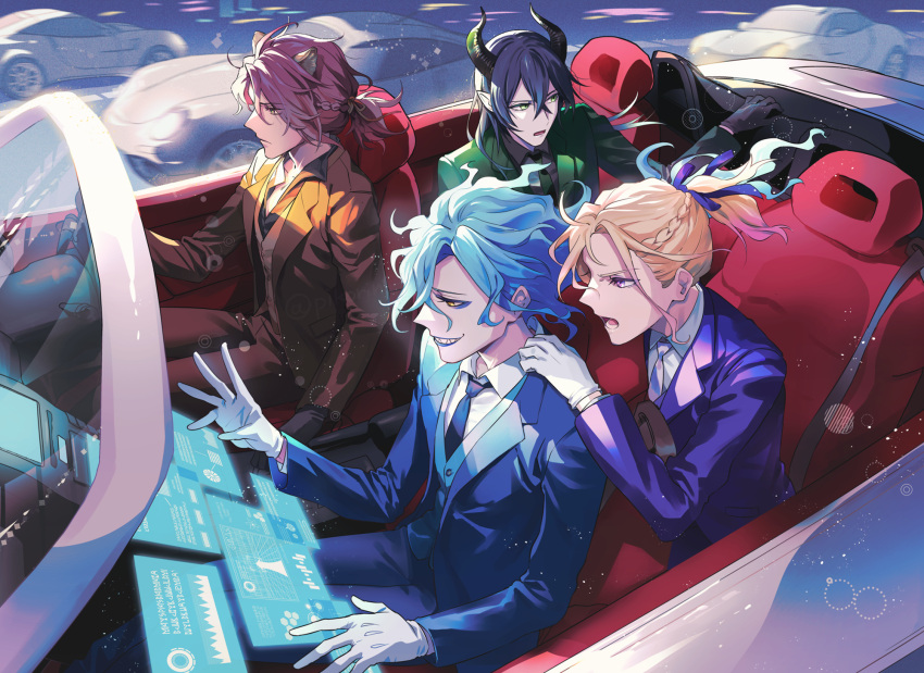 4boys :o alternate_costume animal_ears artist_name black_gloves black_hair black_shirt blonde_hair blue_eyeshadow blue_hair blue_jacket blue_lips blue_necktie blue_suit blue_vest bow braid brown_hair brown_ribbon car collared_shirt crown_braid dashi_(minzoku_gb) driving eyeshadow fiery_hair formal french_braid gloves gradient_hair green_eyes green_jacket green_necktie green_suit grin hair_between_eyes hair_bow hair_ribbon hand_on_another's_shoulder highres hologram holographic_interface holographic_touchscreen horns idia_shroud jacket leona_kingscholar lion_boy lion_ears long_hair long_sleeves makeup male_focus malleus_draconia medium_hair motor_vehicle multicolored_hair multiple_boys necktie open_mouth orange_jacket orange_suit orange_vest partially_unbuttoned pointy_ears ponytail purple_bow purple_eyes purple_eyeshadow purple_hair purple_jacket purple_necktie purple_suit ribbon scar scar_across_eye serious sharp_teeth shirt sitting smile sparkle suit teeth twisted_wonderland twitter_username v-shaped_eyebrows vest vil_schoenheit watermark white_gloves white_shirt wing_collar yellow_eyes