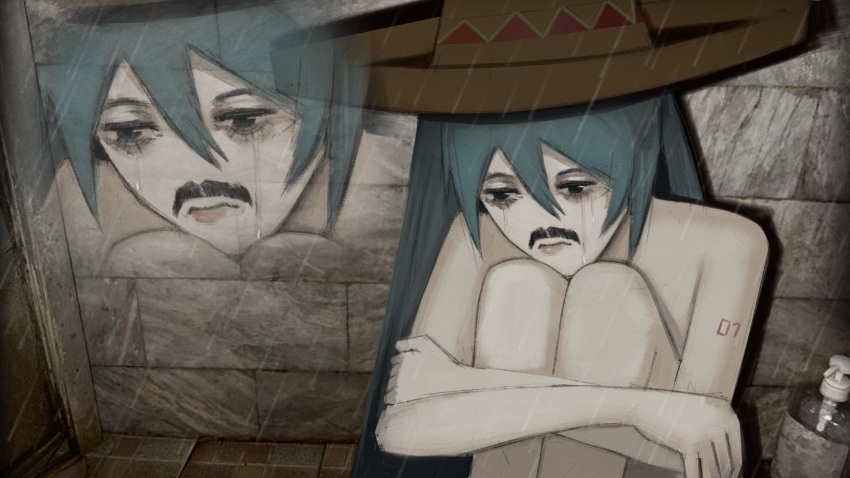 1girl aqua_eyes aqua_hair arm_tattoo bags_under_eyes commentary crying fake_facial_hair fake_mustache hat hatsune_miku highres hugging_own_legs long_hair number_tattoo photo_background showering sitting soap_bottle solo sombrero streaming_tears tattoo tears vocaloid what xyanaid zoom_layer