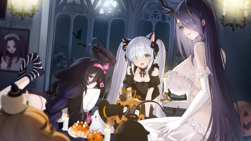 3girls absurdres adventure_galley_(azur_lane) adventure_galley_(carnival_under_the_blood_moon)_(azur_lane) all_fours animal_ears azur_lane black_dress black_socks black_thighhighs blue_eyes braid breasts cat_ears chungu clothing_cutout dress elbow_gloves fake_animal_ears feet_up gloves golden_hind_(azur_lane) golden_hind_(forlorn_femme_fatale)_(azur_lane) hair_between_eyes hair_over_one_eye hairband half-closed_eyes halloween hat highres horns huge_breasts hugging_object indoors jack-o'-lantern janus_(azur_lane) janus_(fright-night_scaredy-cat)_(azur_lane) long_dress long_hair lying manjuu_(azur_lane) mouth_hold multiple_girls navel no_shoes official_alternate_costume official_art on_stomach open_mouth panties pillow pillow_hug pink_hairband pink_panties portrait_(object) puffy_short_sleeves puffy_sleeves purple_eyes purple_hair second-party_source see-through see-through_dress short_dress short_sleeves shoulder_cutout sitting small_breasts socks striped striped_socks thighhighs twintails umbrella_octopus underwear very_long_hair white_dress white_gloves white_hair white_socks whydah_(azur_lane) whydah_(lazy_pirate_angel)_(azur_lane) witch_hat