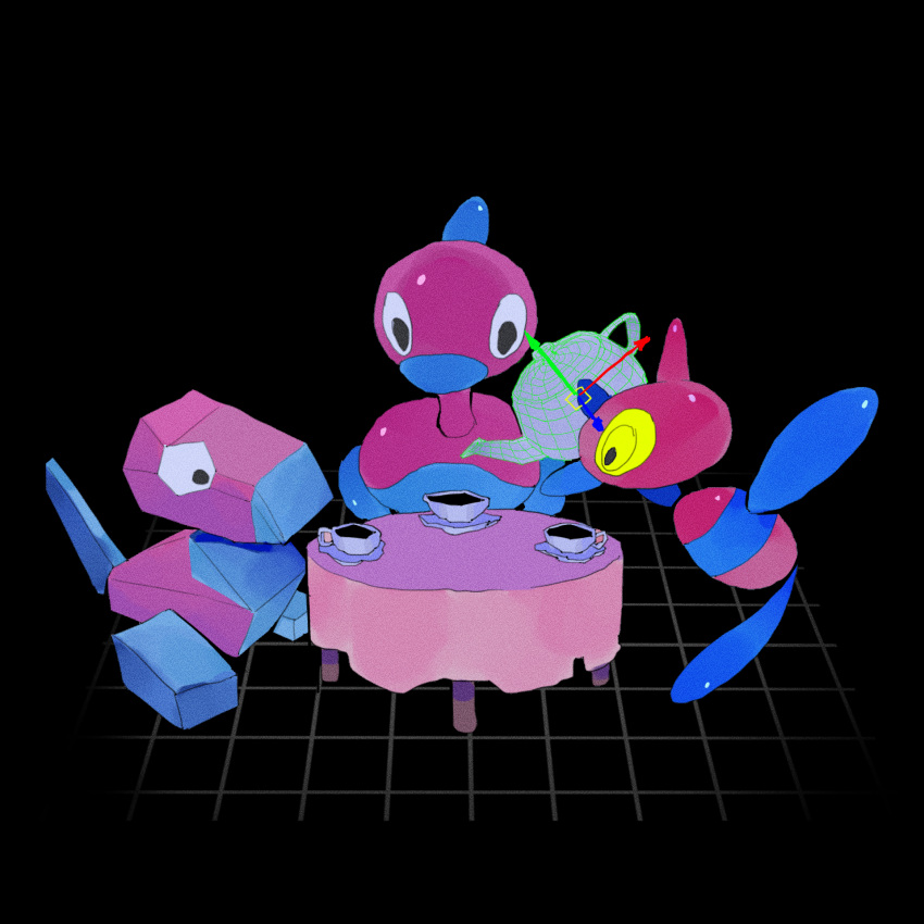 black_background commentary cup deadfishspy english_commentary evolutionary_line highres no_humans pokemon pokemon_(creature) porygon porygon-z porygon2 simple_background table teacup teapot xyz_axis